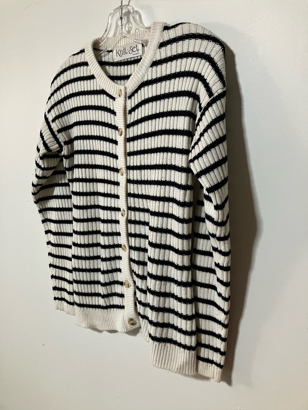 Vintage Knit-Set White Black Striped Ribbed Button Front Cardigan Sweater Size M